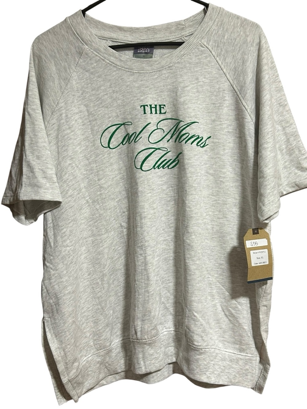 MV sport Cool Moms Club Short-Sleeve sweatshirt — Gray with Green Script NWT